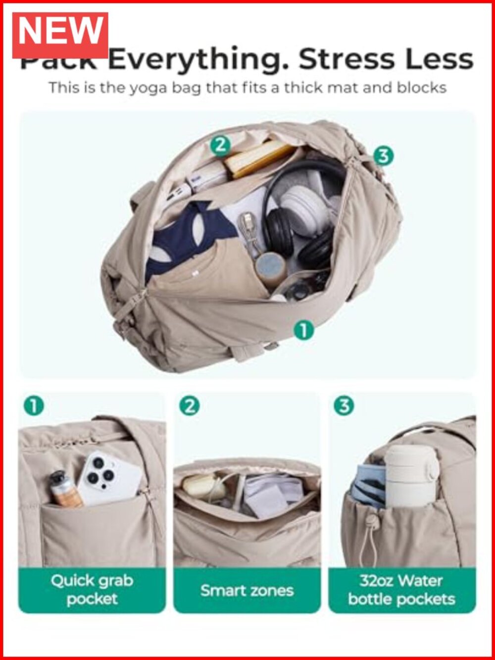 Quilted Gym Bag With Yoga Mat Straps, Wet-Dry Pocket, Travel Duffel View 5